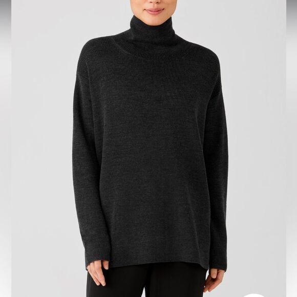 New Eileen Fisher Extra Fine Merino Wool Turtleneck Top Black Ribbed Sweater - Picture 1 of 8